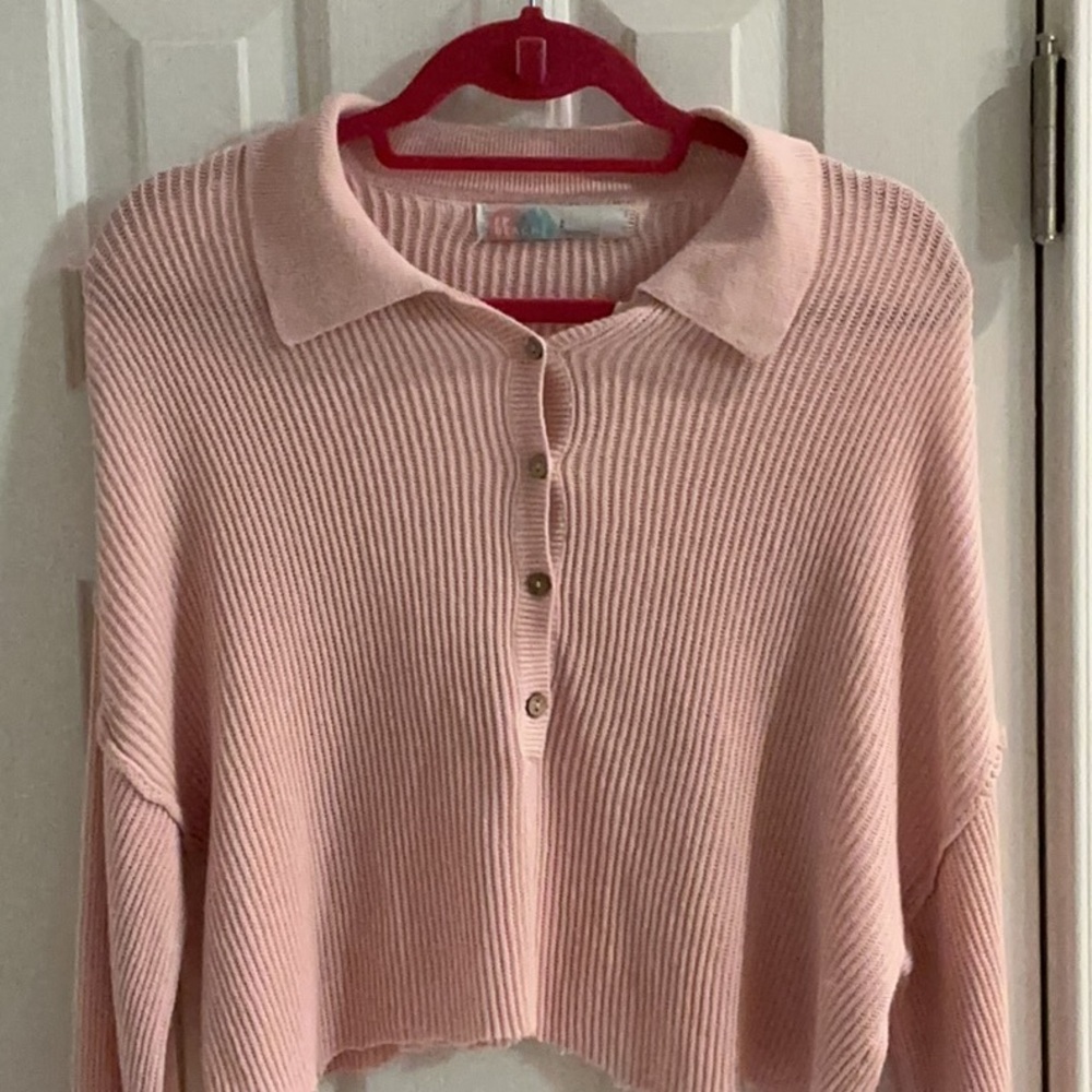 Free People Pink Blush Pink Cropped Ribbed Polo Sweater